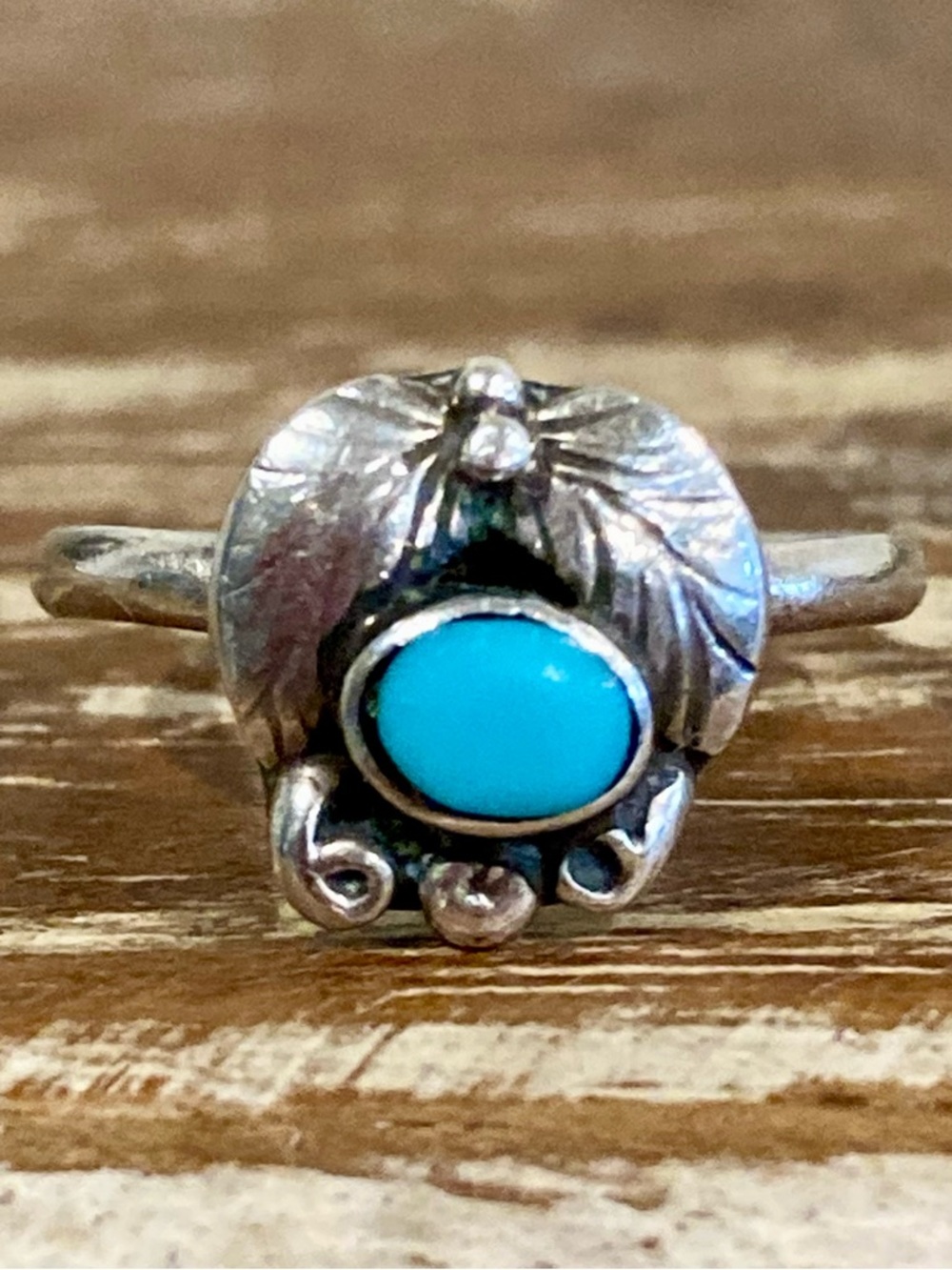 Super Tiny Silver Tone Ring with Turquoise Colored Center • Size 2.25 - Picture 14 of 16